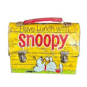 Snoopy Lunchbox 1968 Thermos Dome Metal Peanuts VTG Yellow Red Handle No Bottle